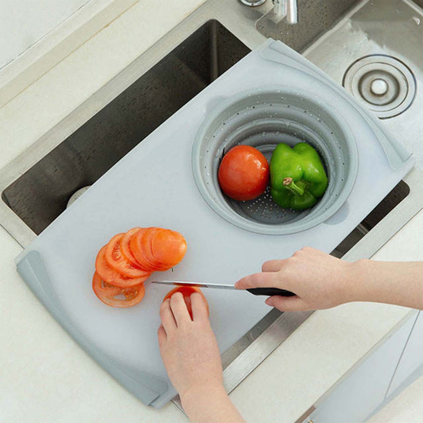 2 in 1 Over-Sink Cutting Board with Built-In Collapsible Strainer (5 - LootFaat