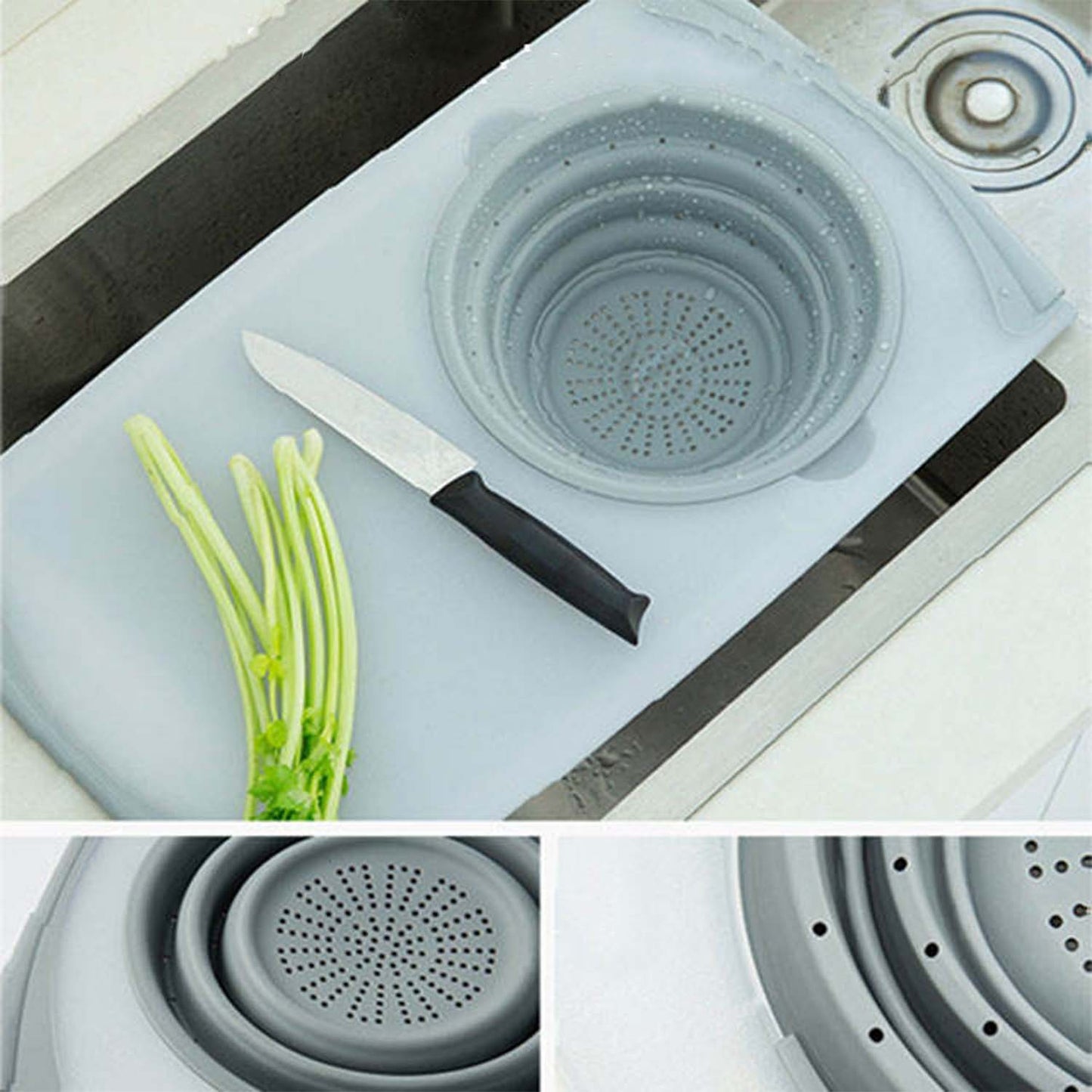 2 in 1 Over-Sink Cutting Board with Built-In Collapsible Strainer (5 - LootFaat