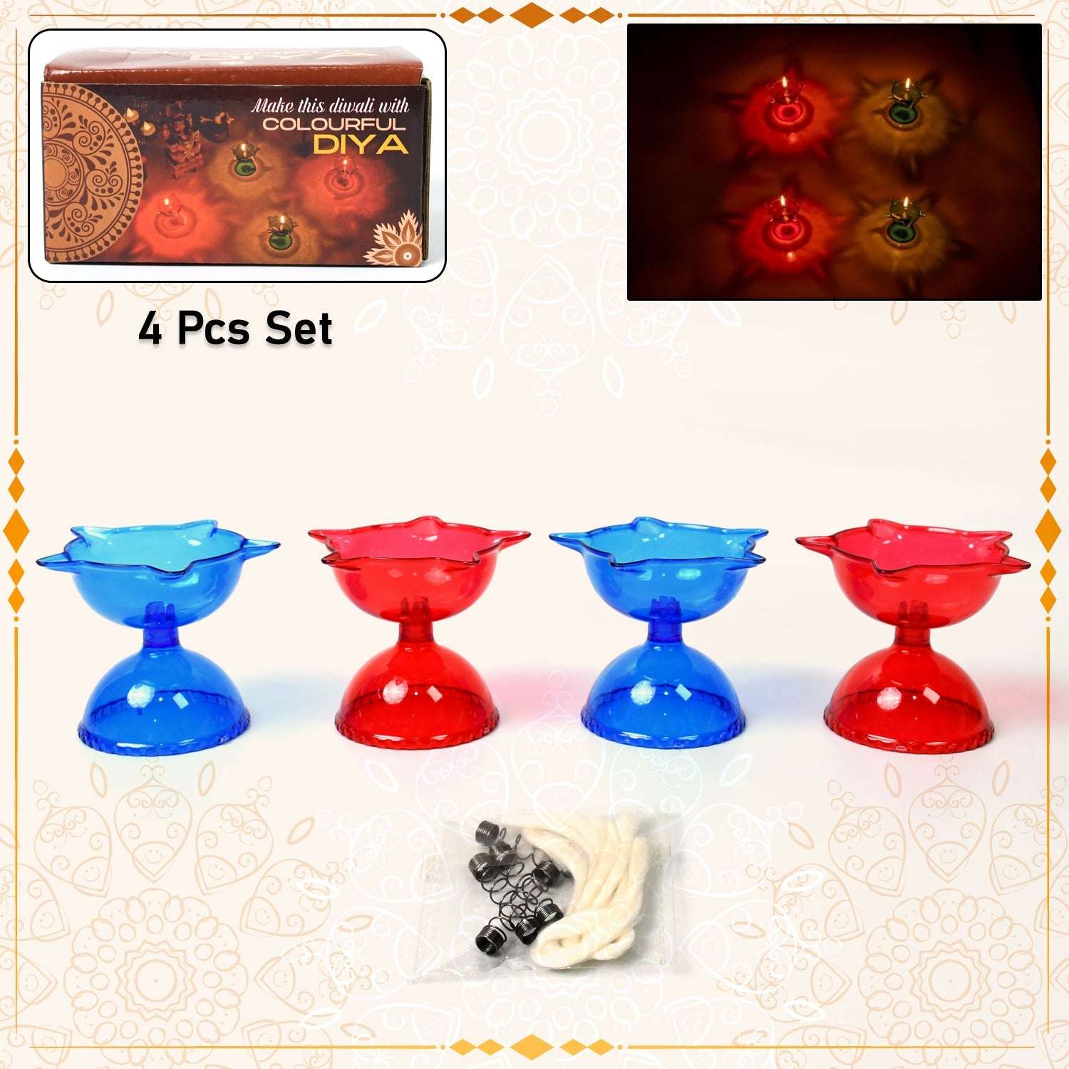 Colourful Reflection Diya Combo Plastic Candle Cup With Multi Shape (4 Pcs Set) - LootFaat