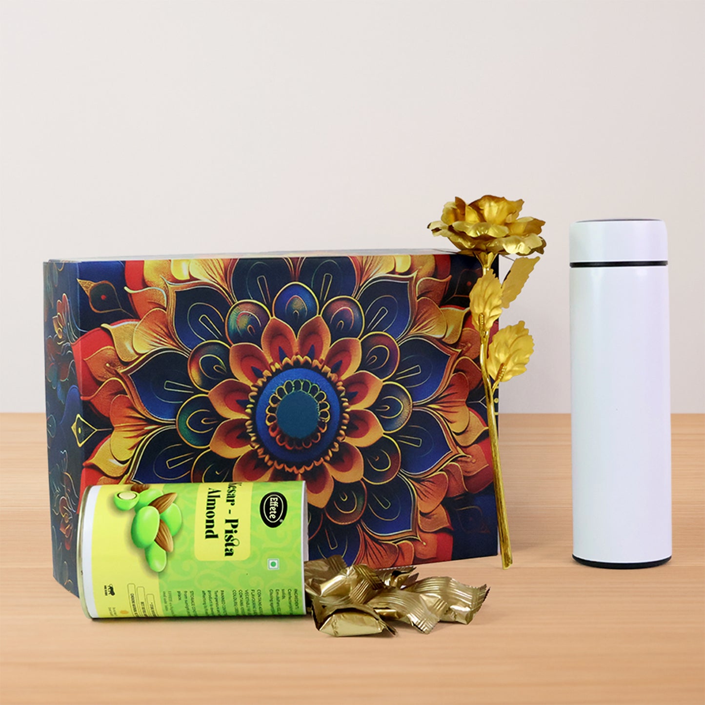 Kesar Pista Almonds Gift Set: Golden Rose & Bottle (3 Pcs)