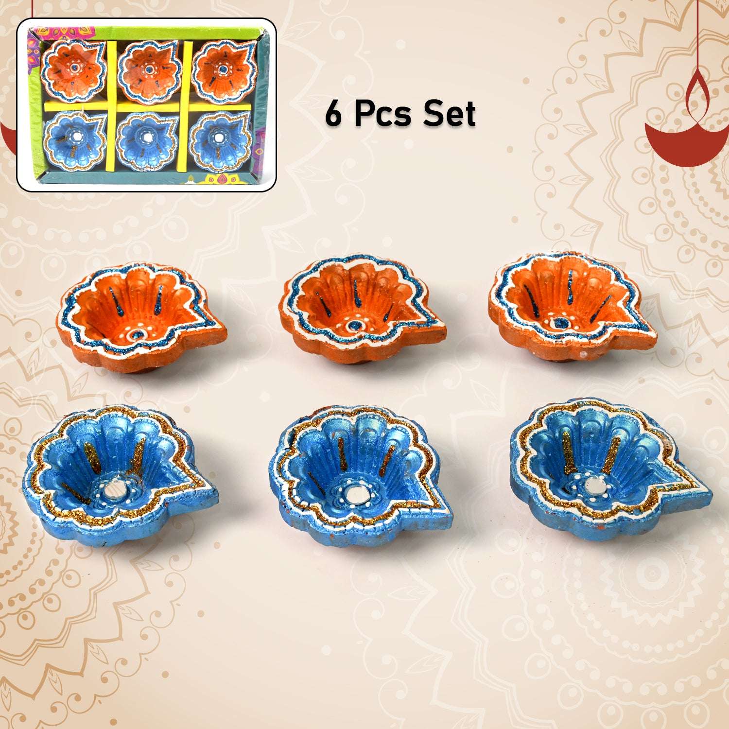Decorative Hand Painted Clay Puja Diya For Diwali Handmade Diya (6 Pcs Set) - LootFaat