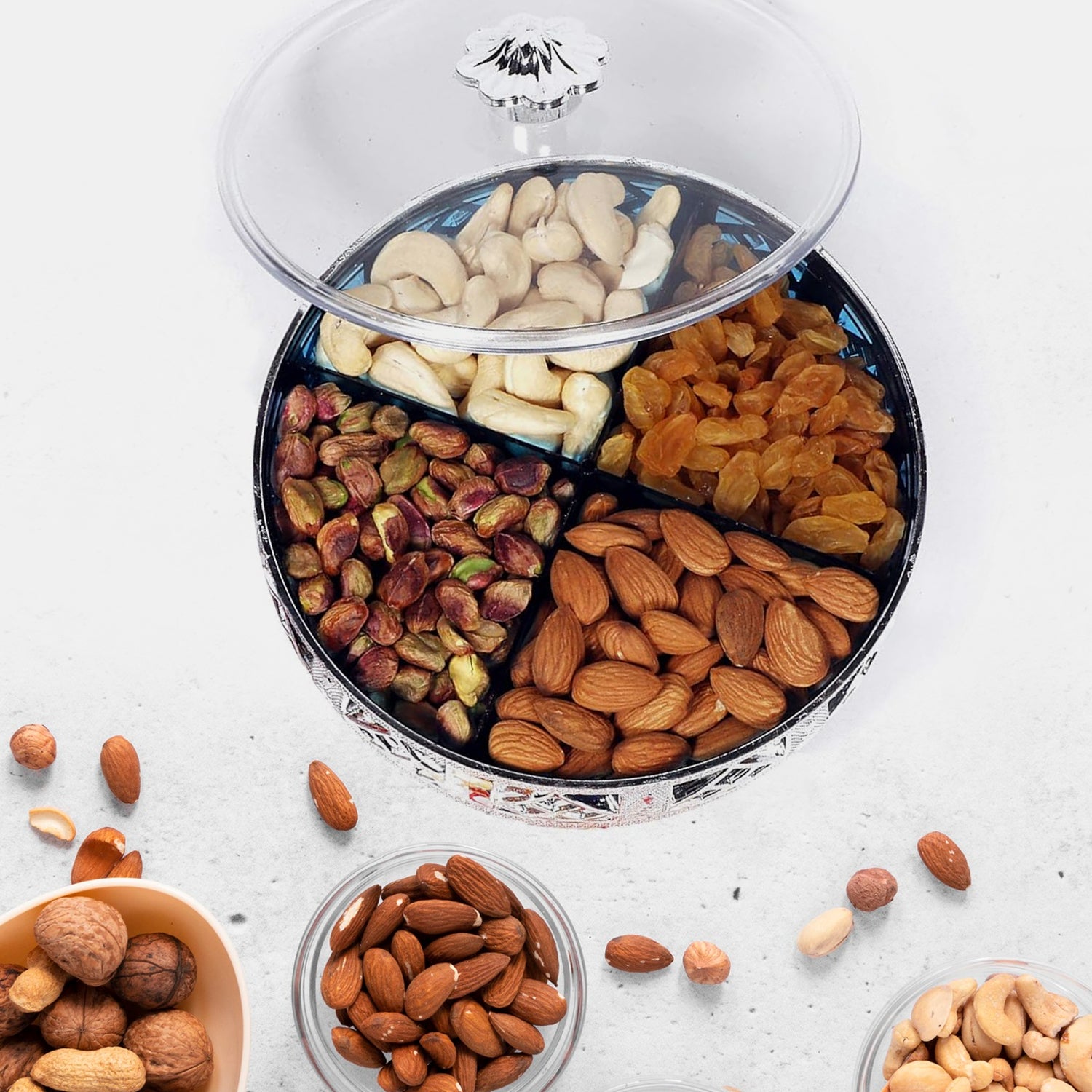 Multipurpose Dry Fruit Box 4 Section Dry Fruit Round Silver Gift Box (1 Pc) - LootFaat