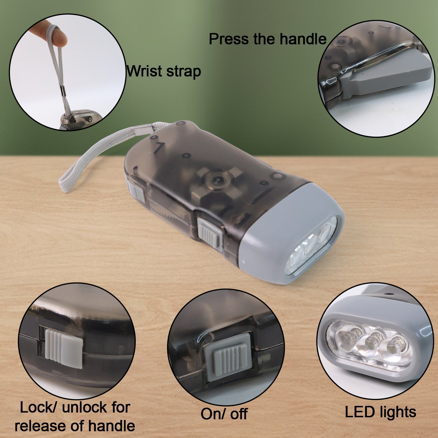 Hand Crank Flashlight - 3 LED Dynamo Torch, Battery-Free Emergency Light