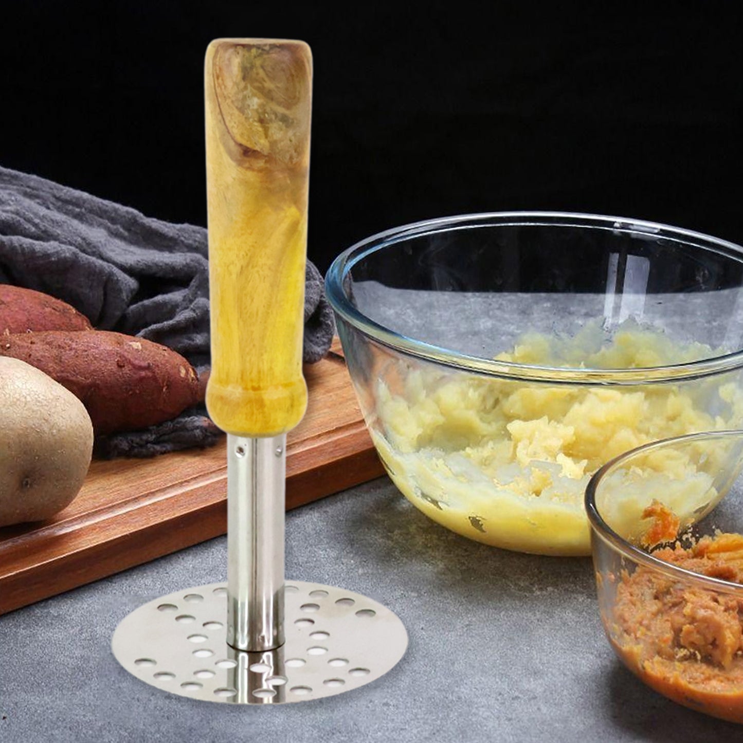 064 Stainless Steel Potato Masher Pav Bhaji Masher With Wooden Handle