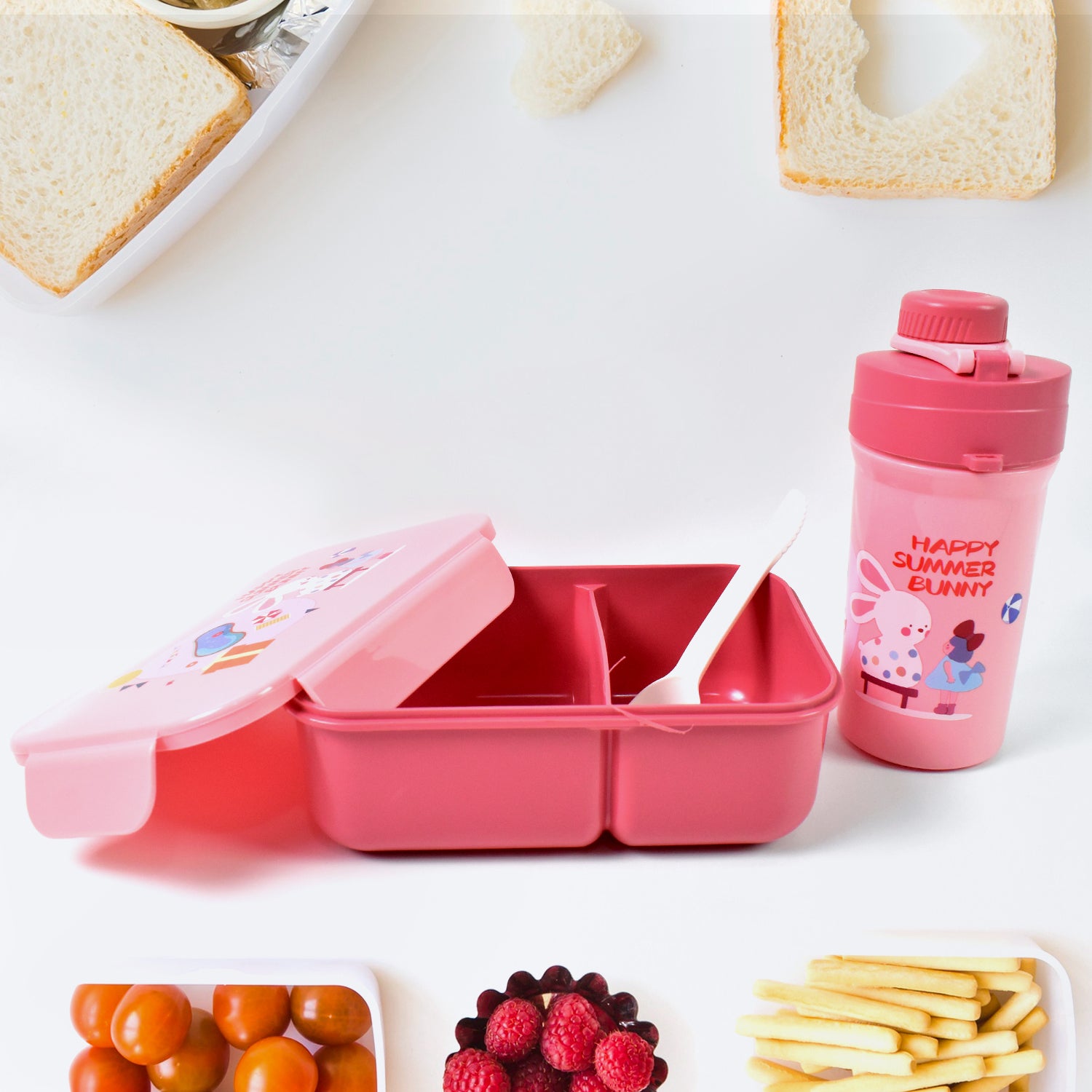 Plastic Lunch Box Leak Proof 2 Compartment With Bottle And Fork (1 Set  Mix Color) - LootFaat