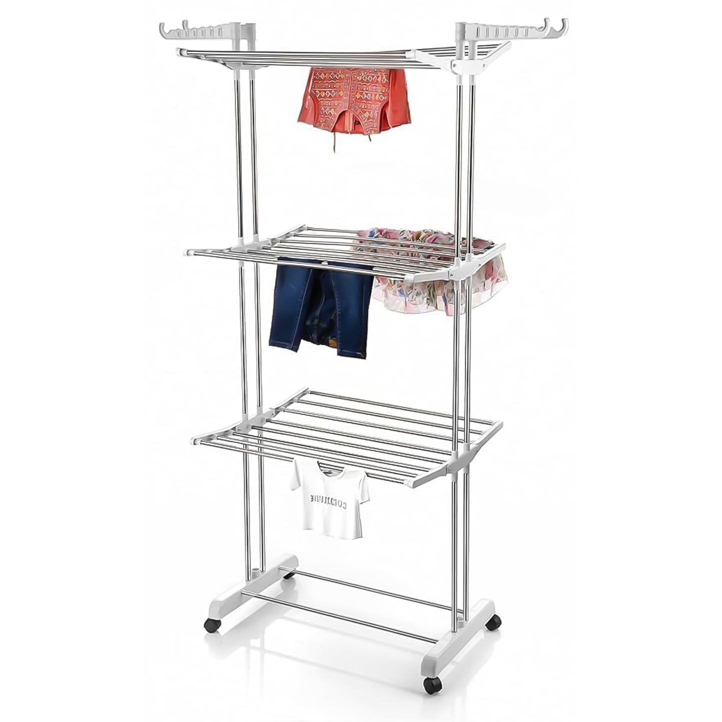 3-Tier Foldable Stainless Steel Clothes Drying Rack with Wheels