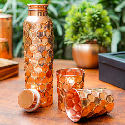 Diamond Cut Copper Water Bottle Set with 2 Glasses & Gift Box