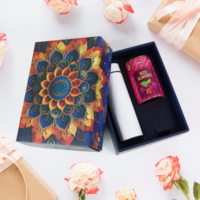Rose Almonds Chocolate Gift Hamper with Bottle - Golden 2pc Set - second image