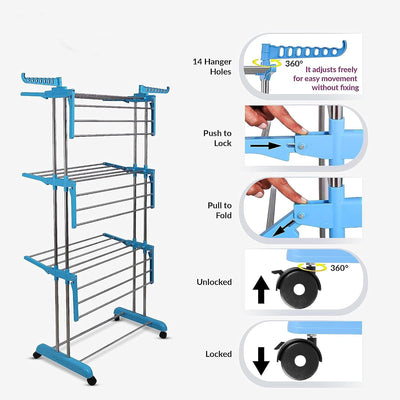 Heavy Duty 3-Tier Stainless Steel Foldable Clothes Drying Rack