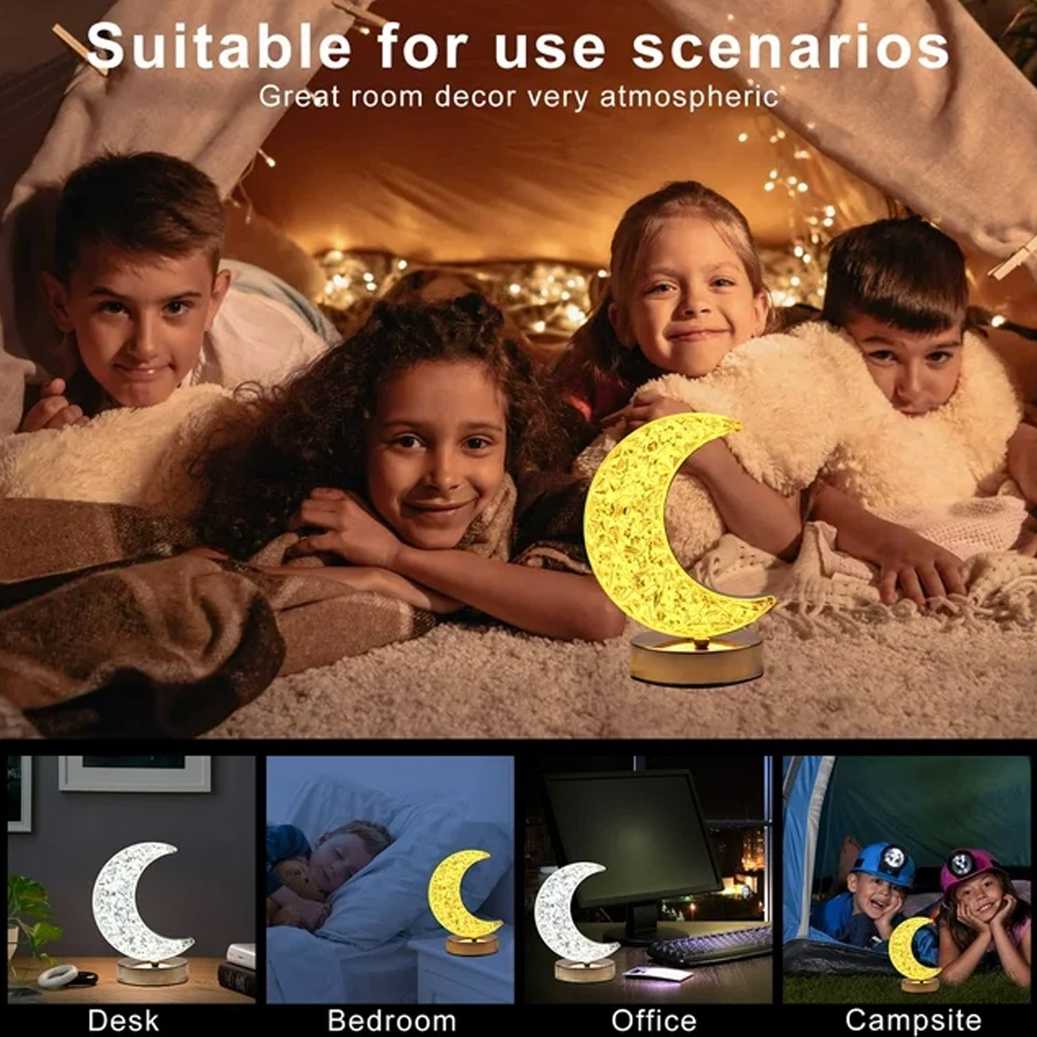 Crystal Table Lamp  Moon Shape Touch Control Lamp With 3 Color  Metal Bedside Lamp For Kids Bedroom Romantic Desktop Nightstand  Stepless Dimming Usb Charging Touch Night Light - LootFaat