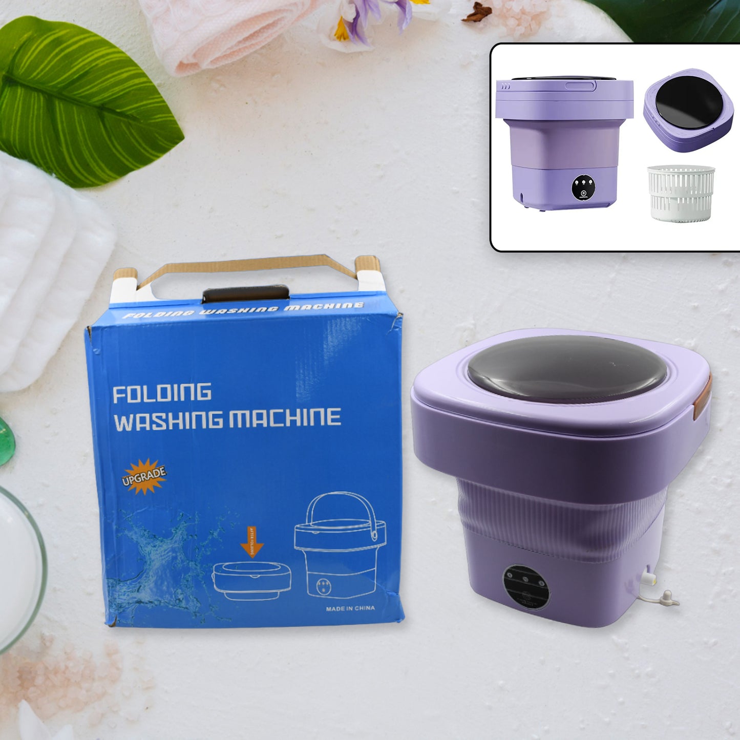 Foldable Mini Washing Machine with Drain Basket - Portable Washer for Travel, Camping, Baby Clothes