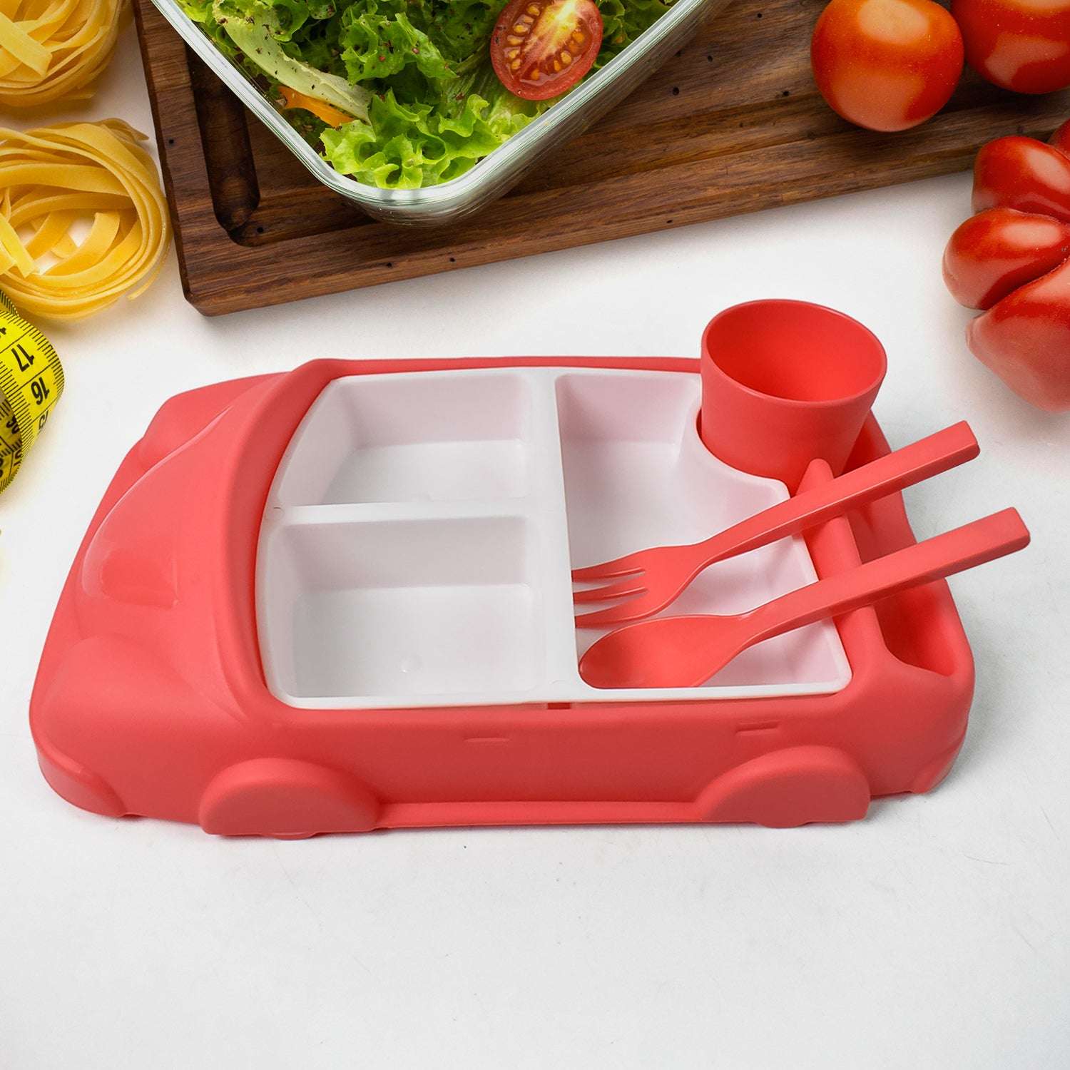 Kids Car Shaped Plates Cup  Lunch Box Dinnerware Set (4 Pcs Set  1000 Ml Lunch Box) - LootFaat
