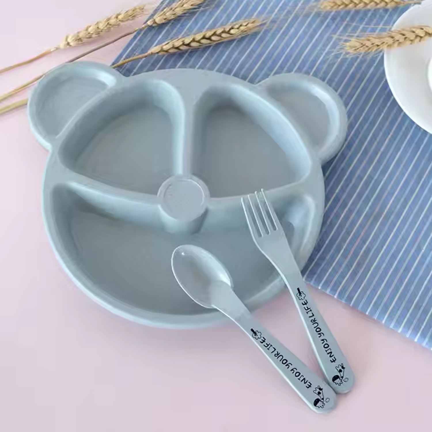Kids 3 Compartment Food Tray  Plates With Spoon  Fork (1 Set) - LootFaat