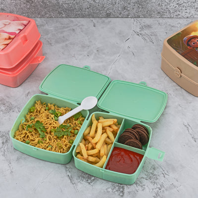 5787 Double-layer Square Lunch Box With  Spoon  4 Compartment Tiffin  Push Lock  Plastic Tiffin Box For Travelling School Kids  Office Exclusive Home - second image