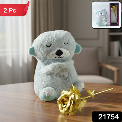 Teddy Bear with Artificial Golden Rose Flower Gift Set (2 Pc) - second image