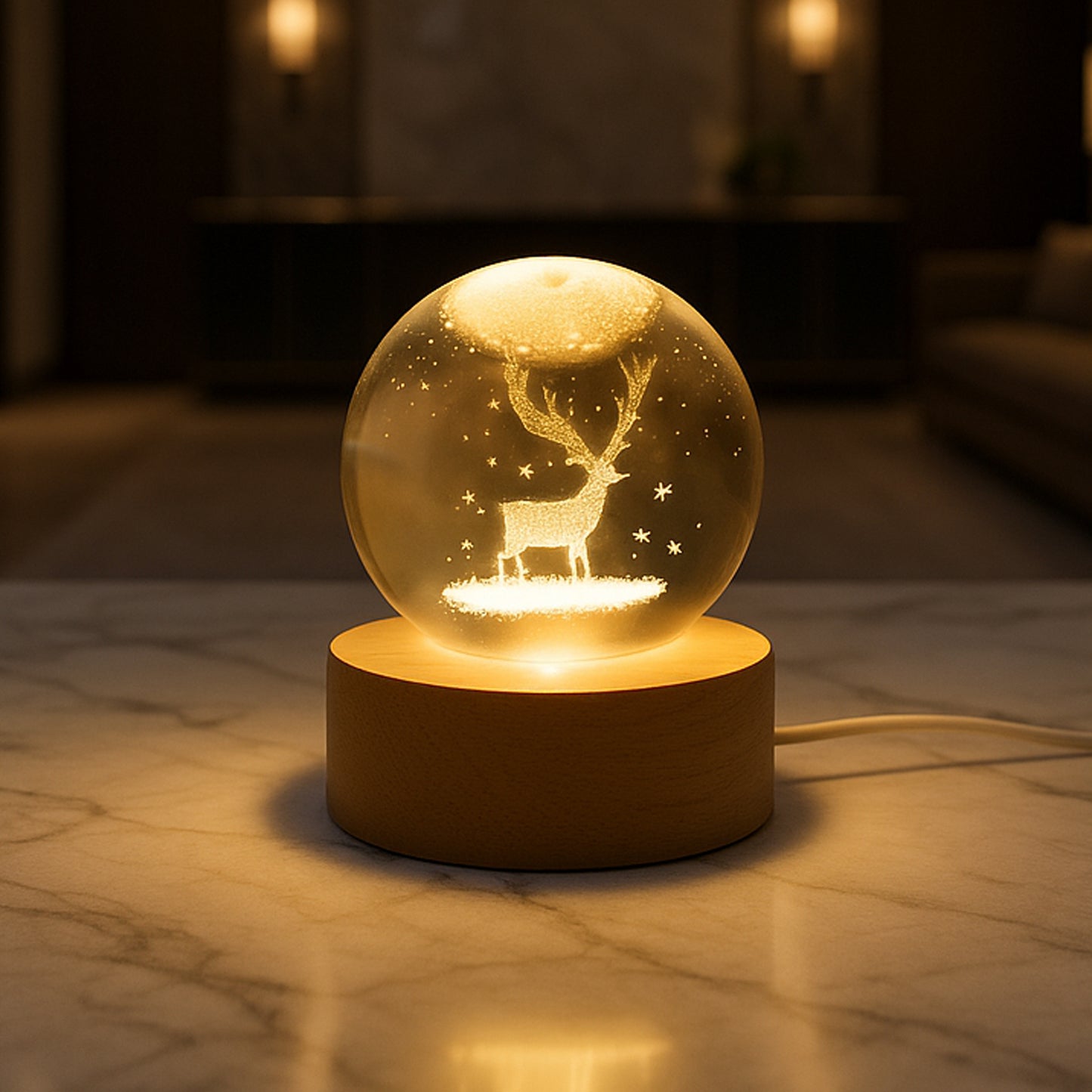 Crystal Ball Night Light - 3D Engraved Galaxy Lamp with Wooden Base