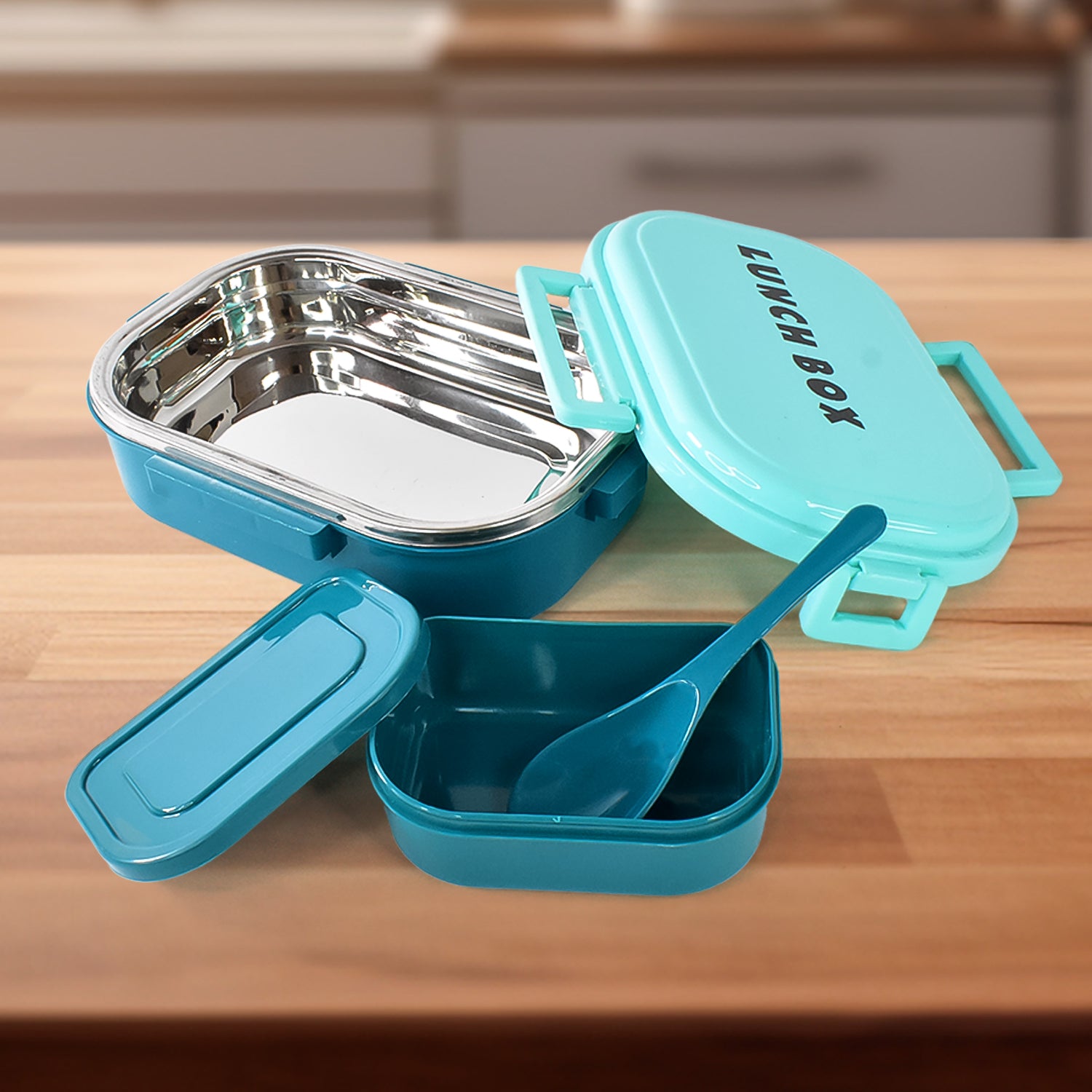3 In 1 Spicy Bite Stainless Steel Lunch Box With Plastic Small Box  Spoon (1 Set) - LootFaat