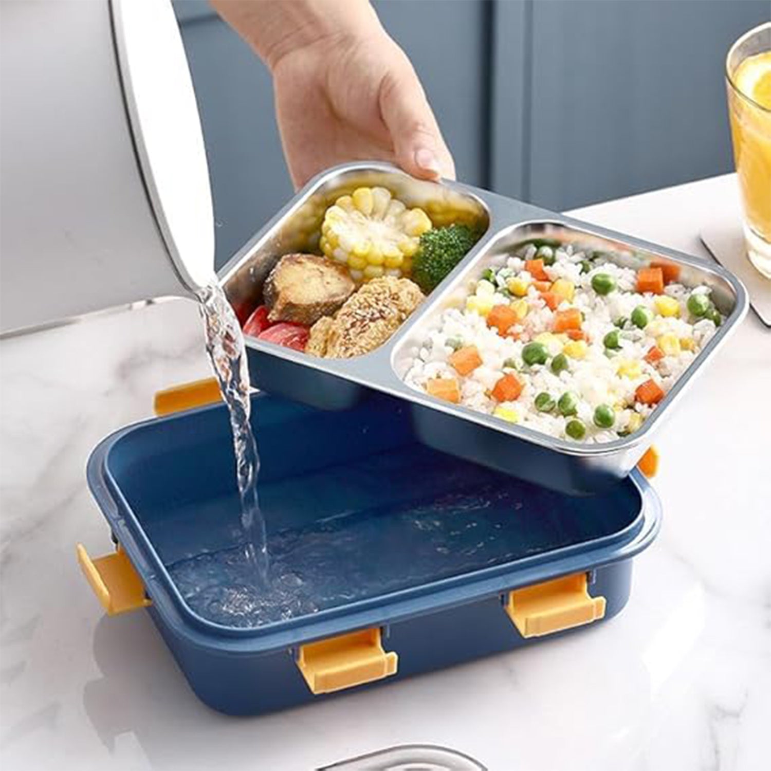 Stainless Steel Lunch Box 2 Section Lunch Box With Spoon - LootFaat
