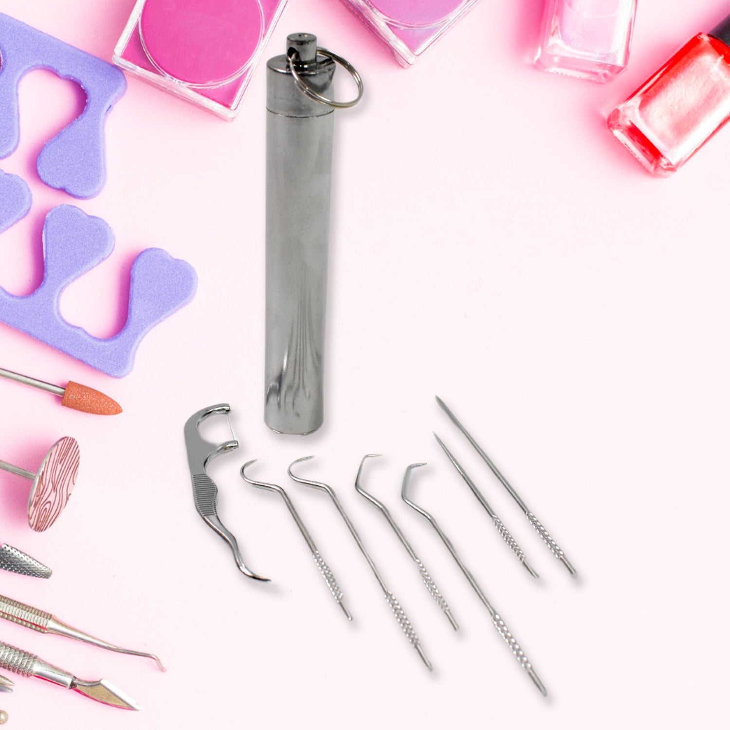7 In 1 Stainless Steel Toothpick Flossier Set (1 Set  With Case) - LootFaat