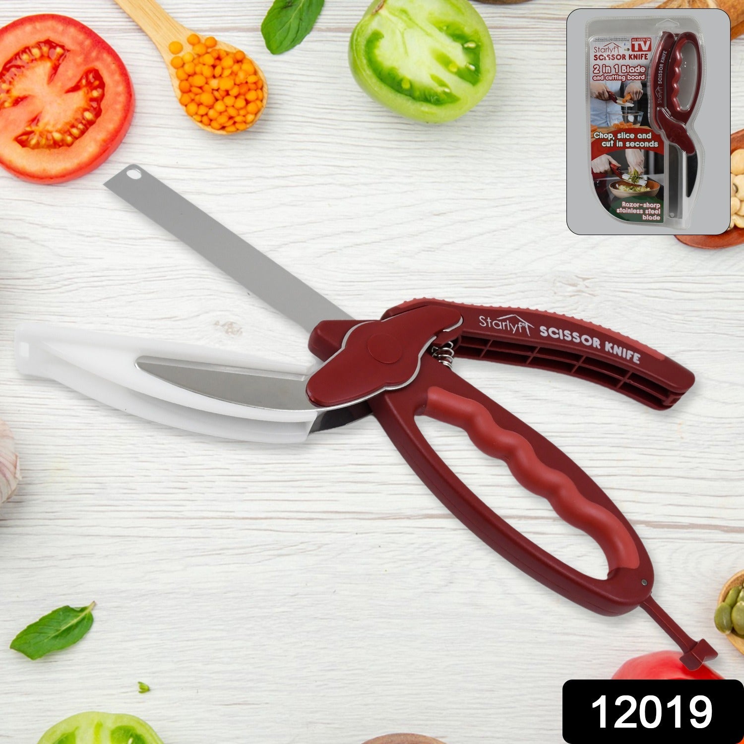 2 In 1 Kitchen Knife Scissor With Spring Locking Hinge And Chopping Board (1 Pc  With Card Packing) - LootFaat