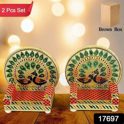 Meenakari Laddu Gopal Singhasan - Wooden Krishna Sofa Asan for Pooja Mandir (2 Pc Set)