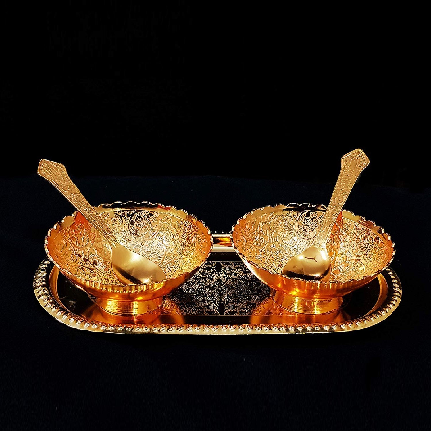 Gold Silver Plated 2 Bowl 2 Spoon Tray Set Brass With Red Velvet Gift Box Serving Dry Fruits Desserts Gift - LootFaat