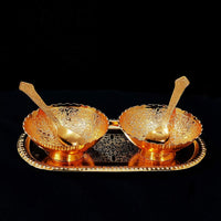 Gold Silver Plated 2 Bowl 2 Spoon Tray Set Brass With Red Velvet Gift Box Serving Dry Fruits Desserts Gift - LootFaat