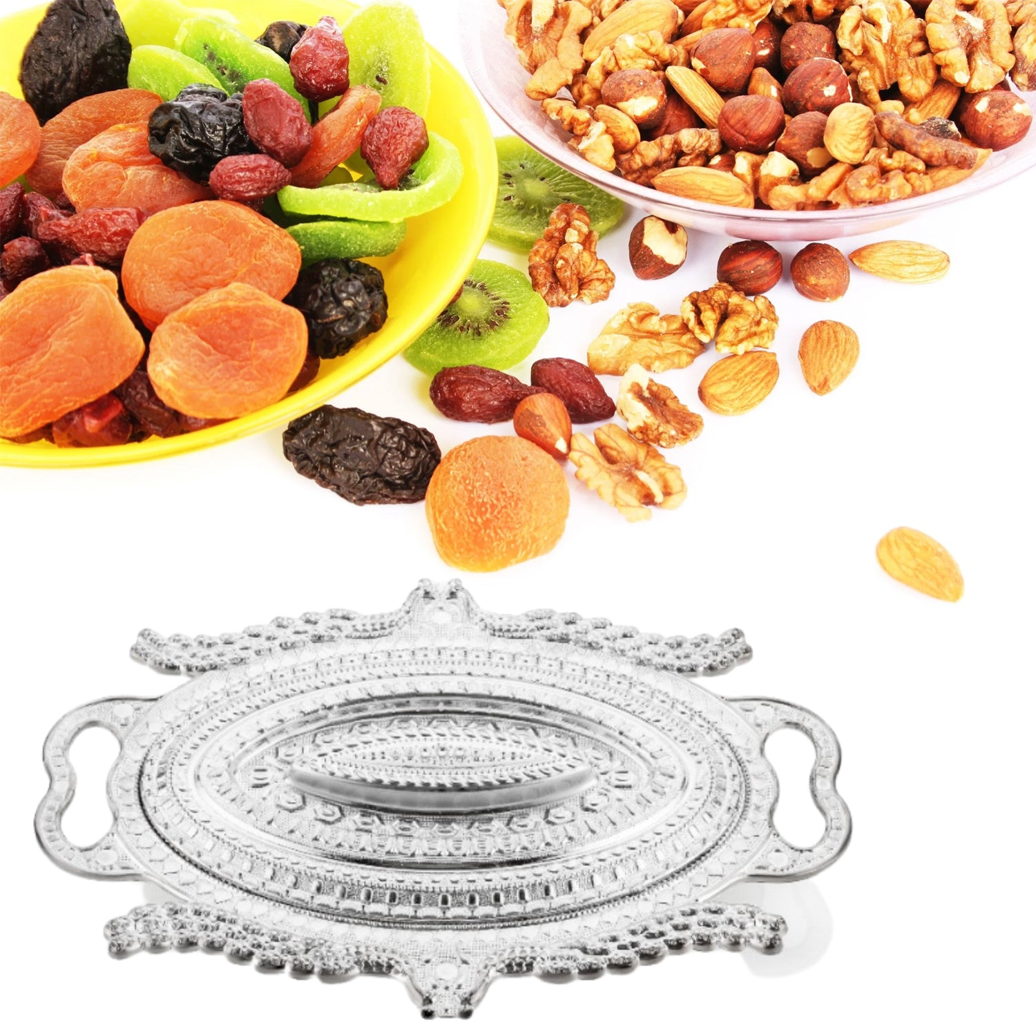 Plastic Peacock Dry Fruit Silver Finish Serving Tray - LootFaat