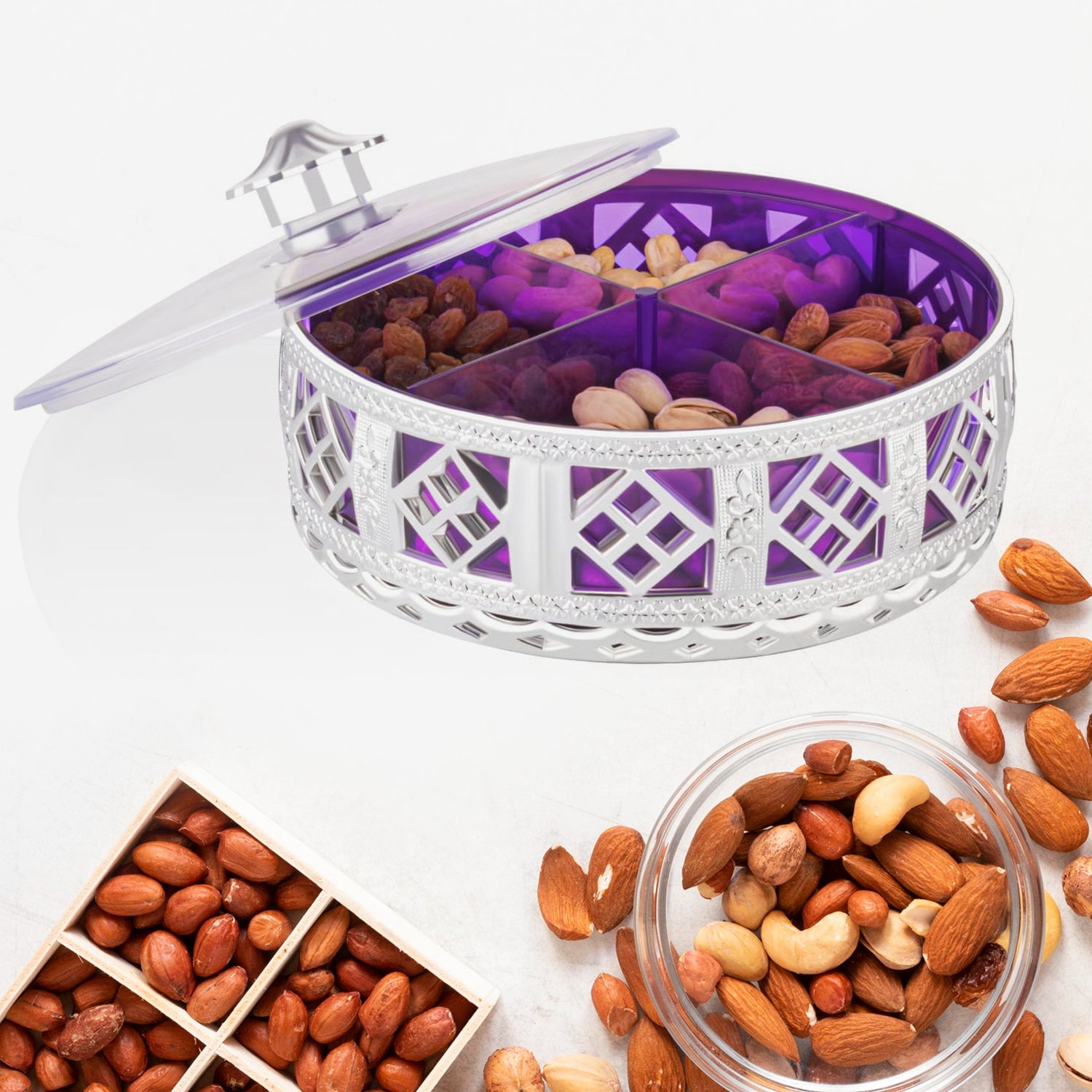 Multipurpose Dry Fruit Box 4 Section Dry Fruit Round Silver Gift Box (1 Pc) - LootFaat