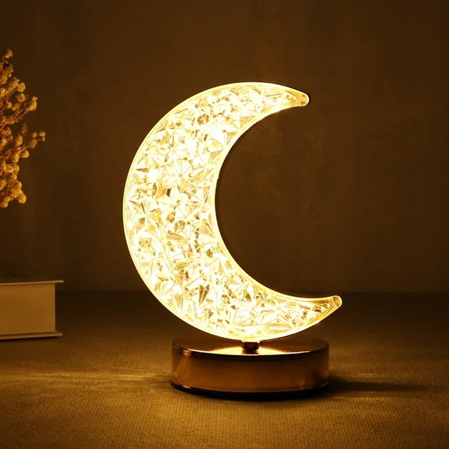Crystal Table Lamp  Moon Shape Touch Control Lamp With 3 Color  Metal Bedside Lamp For Kids Bedroom Romantic Desktop Nightstand  Stepless Dimming Usb Charging Touch Night Light - LootFaat