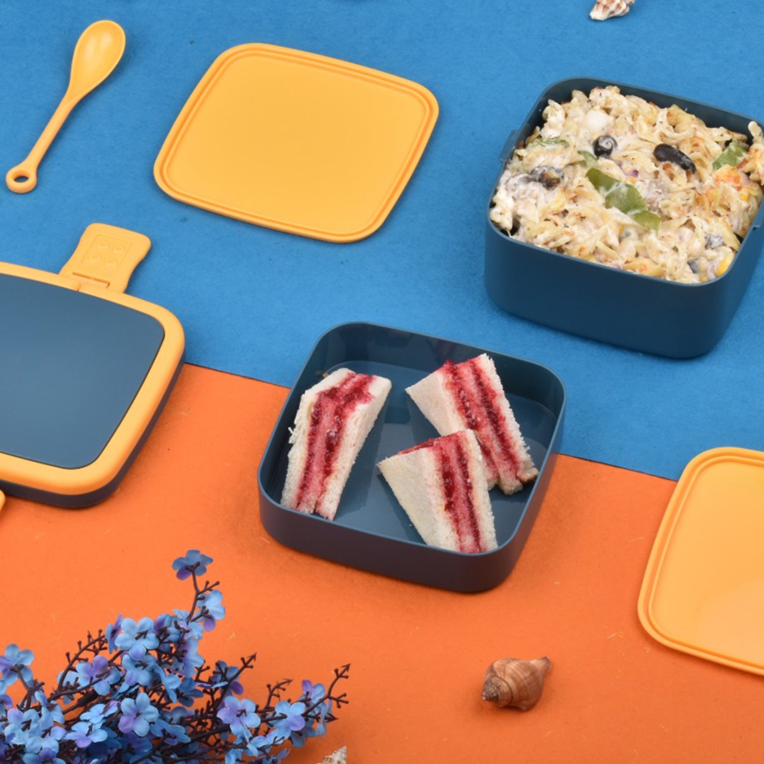 Blue Double-layer Portable Lunch Box Stackable With Carrying Handle And Spoon Lunch Box - LootFaat