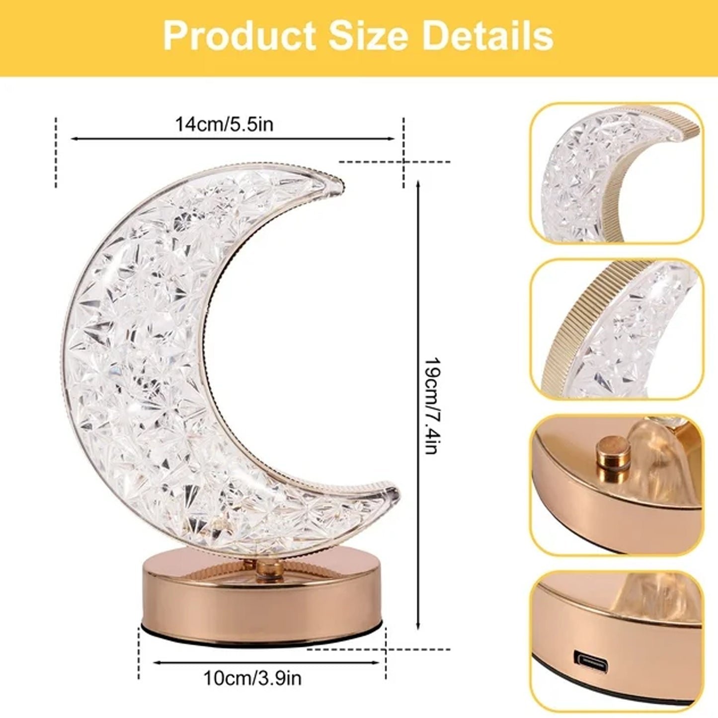 Crystal Table Lamp  Moon Shape Touch Control Lamp With 3 Color  Metal Bedside Lamp For Kids Bedroom Romantic Desktop Nightstand  Stepless Dimming Usb Charging Touch Night Light - LootFaat