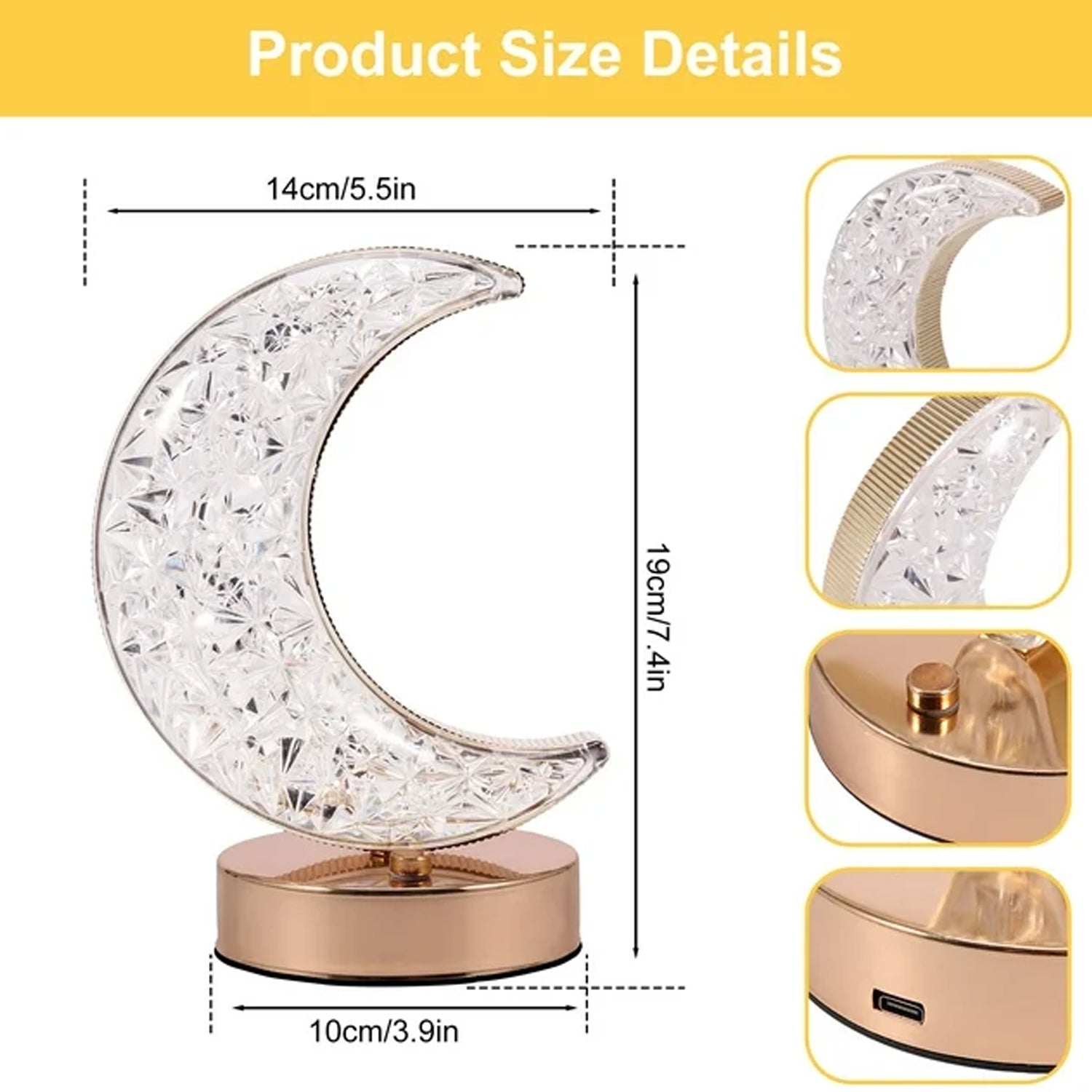 Crystal Table Lamp  Moon Shape Touch Control Lamp With 3 Color  Metal Bedside Lamp For Kids Bedroom Romantic Desktop Nightstand  Stepless Dimming Usb Charging Touch Night Light - LootFaat