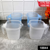 Plastic Transparent Bathroom Water Mug (4 Pc  Mix Colour  1000 Ml)