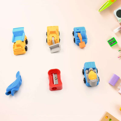 Pencil And Eraser Set Construction Truck Theme Stationery Kit Includes 6 Pencils 4 Erasers 1 Sharpener 1 Ruler Bookmark 1 Pencil Cap Stationary For Birthday Gifts For Kids Birthday Return Gifts (13 Pc Set) - second image