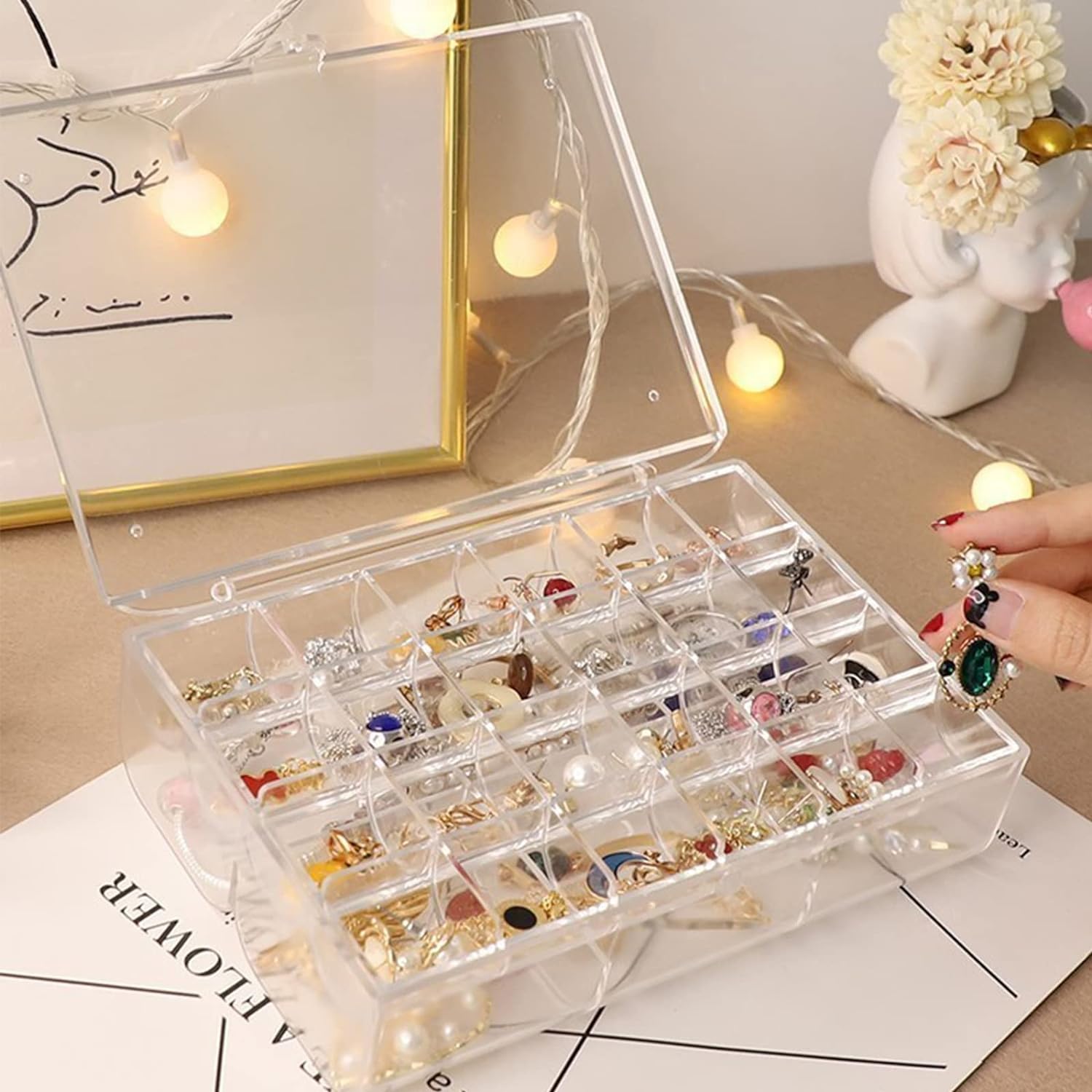 2 Layer Acrylic Jewelry Storage Box Dustproof Earring Box Storage Box Portable Nail Art Storage Case 24-grid Small And 6-grid Big Case Makeup Vanity Box (1 Pc  30 Compartment) - LootFaat