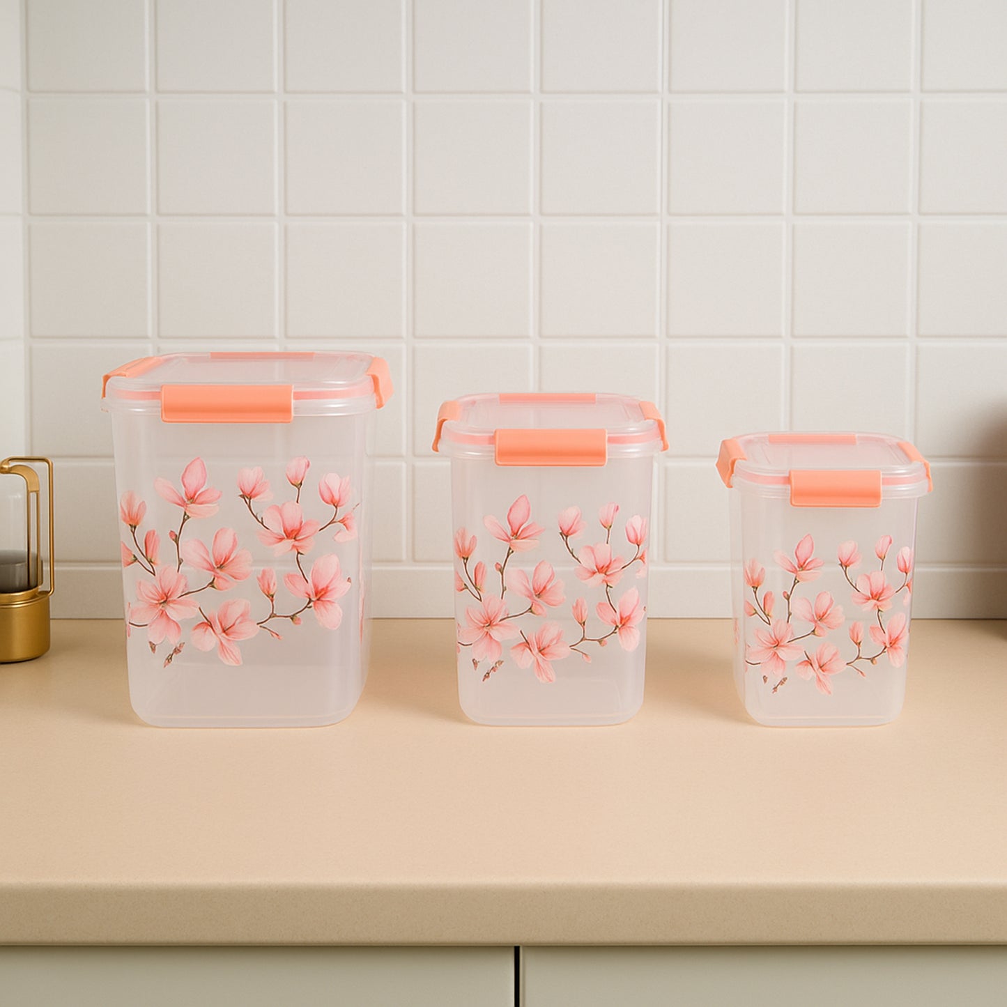 Square 3 Pcs Floral Printed Airtight Storage Container Set  Approx 2.8 Ltr 4.5 Ltr 6.9 Ltr (3 Pcs Set)
