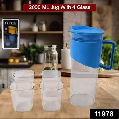 Transparent Stylish Premium Jug With Elegant Handle (2000 Ml Jug Approx  4 Pcs Plastic Glass) - LootFaat