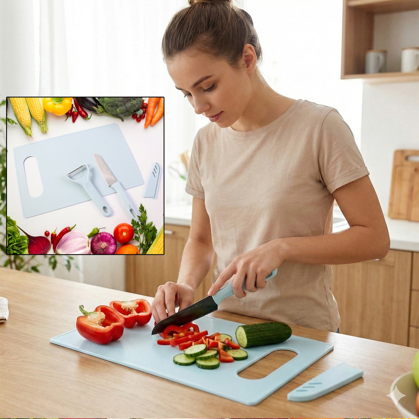 3 In 1 Kitchen Knife  Chopping Board Set (1 Set) - Home & Kitchen Home & Kitchen product overview