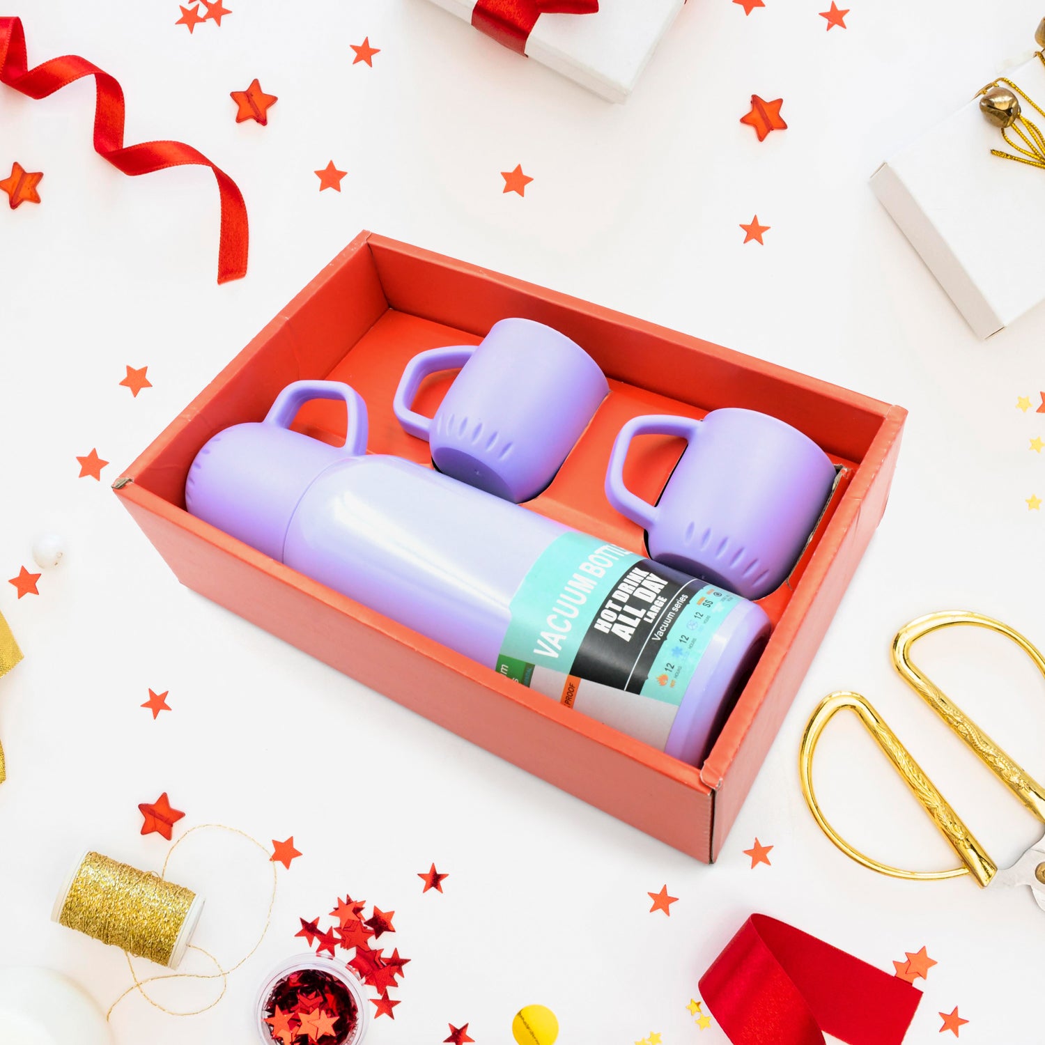 Vacuum Flask Set Stainless Steel Thermos With 3 Cup Creative Gift Set With Cover Handle Portable Car Water Bottle Set (Approx 500ml) - LootFaat