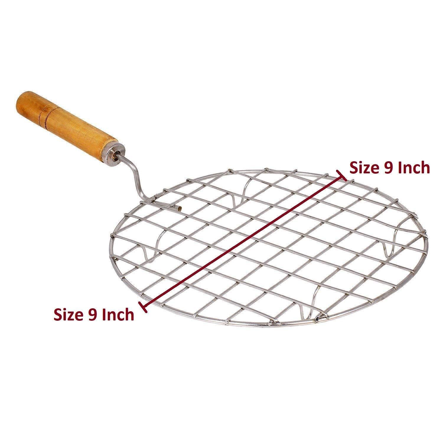 Kitchen Round Stainless Steel Roaster Papad Jali Barbecue Grill With Wooden Handle - LootFaat