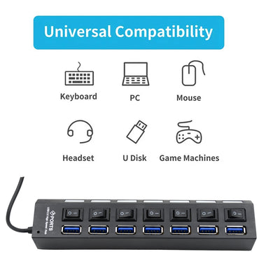 Usb Splitter Multi Port Usb 2.0 Hub 7 Port With Independent Onoff Switch And Led Indicators Usb A Port Data Hub Suitable For Pc Computer Keyboard Laptop Mobile Hdd Flash Drive Camera Etc