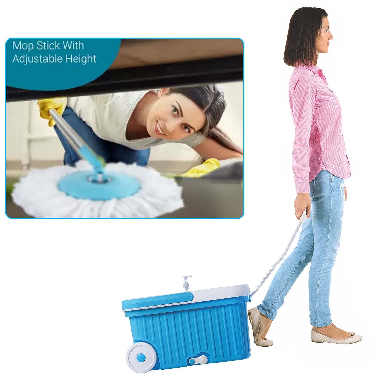 Sporty Plastic Spin Mop With Bigger Wheels And Plastic Auto Fold Handle For 360 Degree Cleaning. - LootFaat