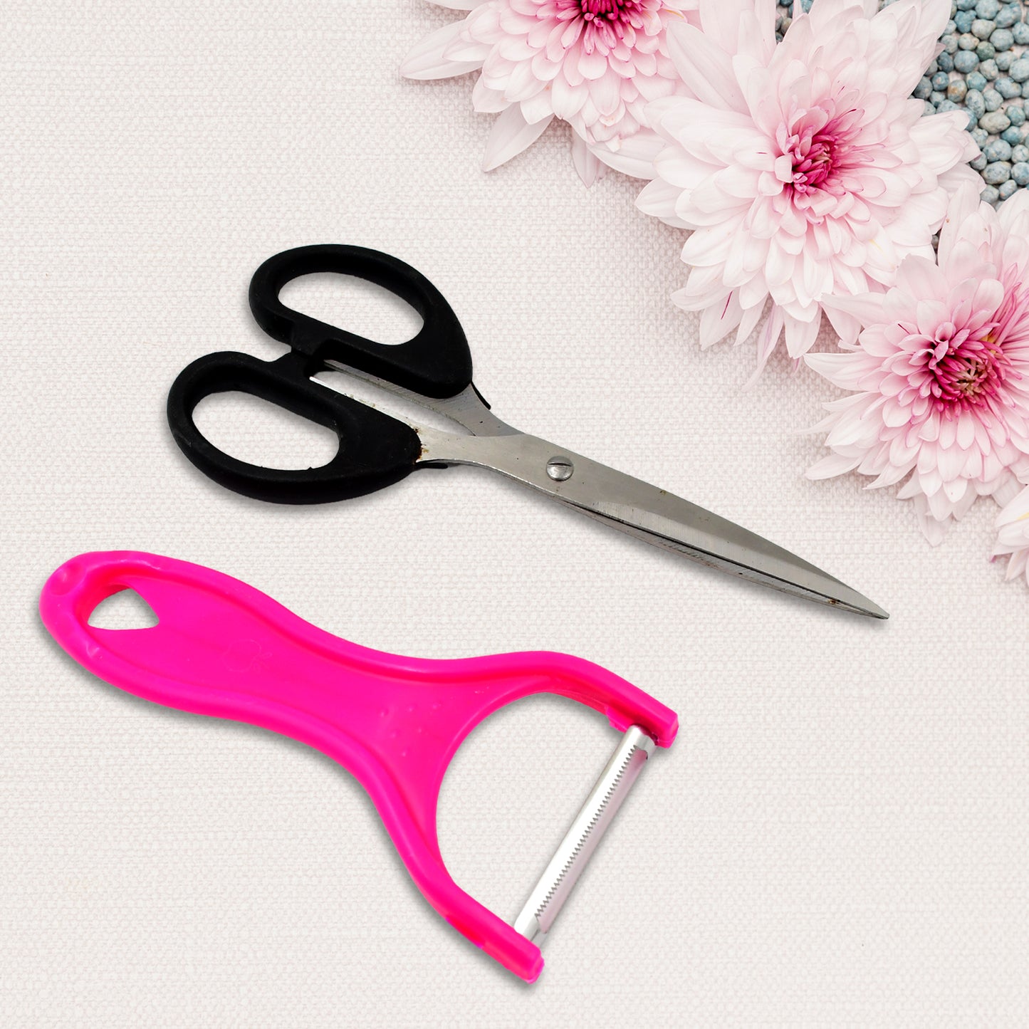 Stainless Steel Kitchen Scissors  Multipurpose Peeler (2 Pc Set  Mix Design Scissor  Peeler) - LootFaat