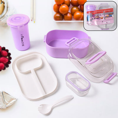 Kids Lunch Box Set - 4 Compartment Plastic Food Container with Bottle & Spoon