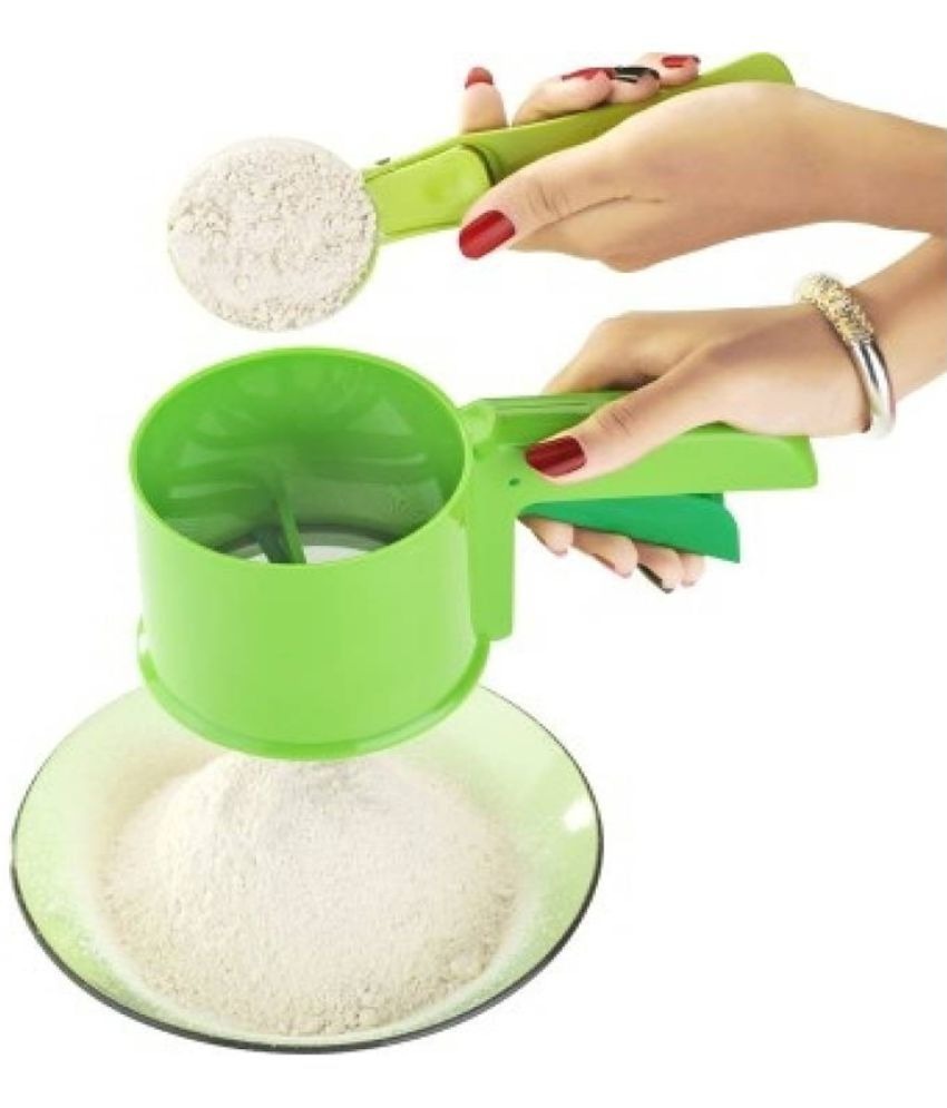 Efficient flour strainer with plastic build, perfect for sifting and mixing dry ingredients.