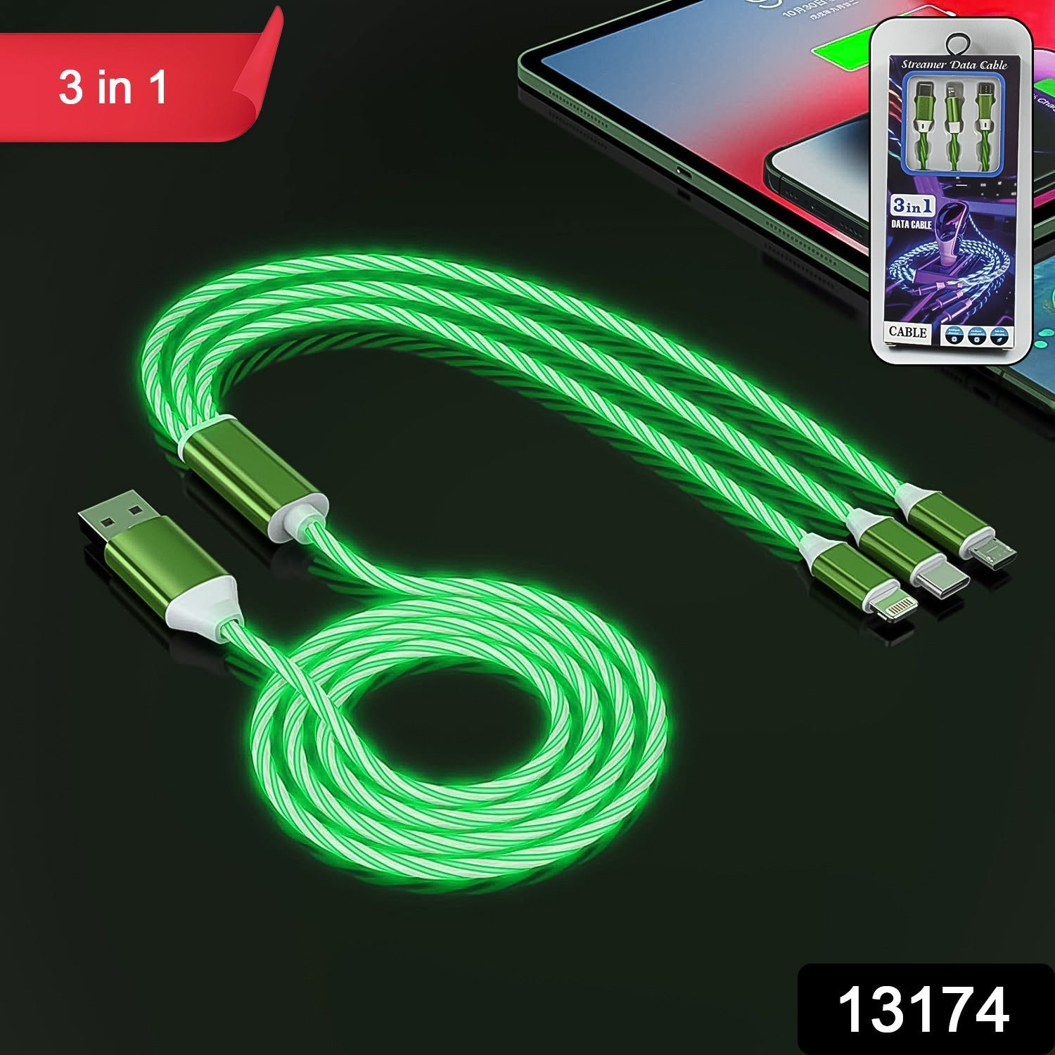 3 In 1 Charging Cable Light Up Fast Charger Multi Charging Cable (1 Pc) - LootFaat
