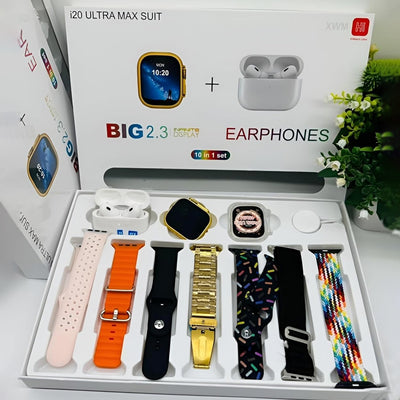 10-in-1 Smartwatch Set: Bluetooth Calling, Earphones, 7 Straps & Screen Guard