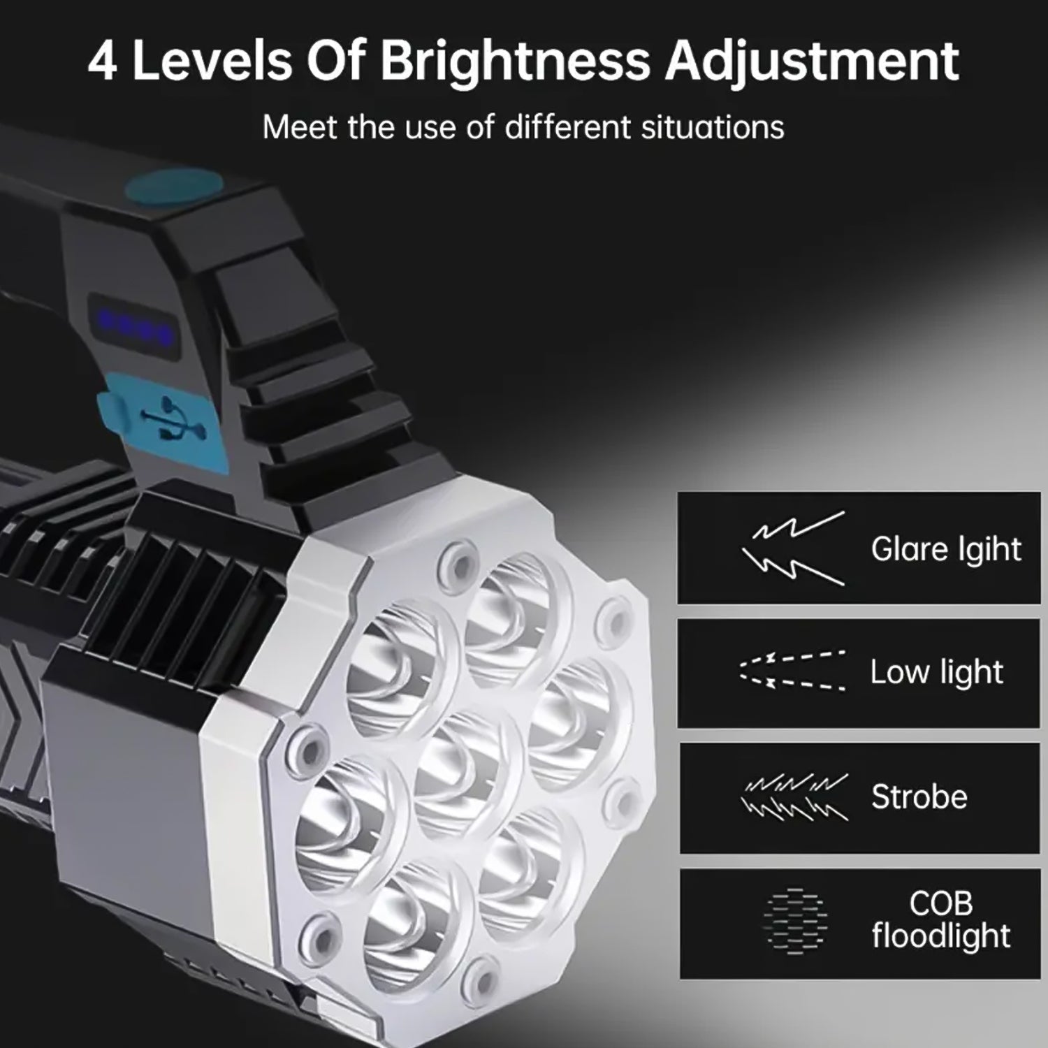 Portable Flashlight  Torch  Cob 7led Hand Light Usb Rechargeable Light With Side Light (1 Pc) - LootFaat