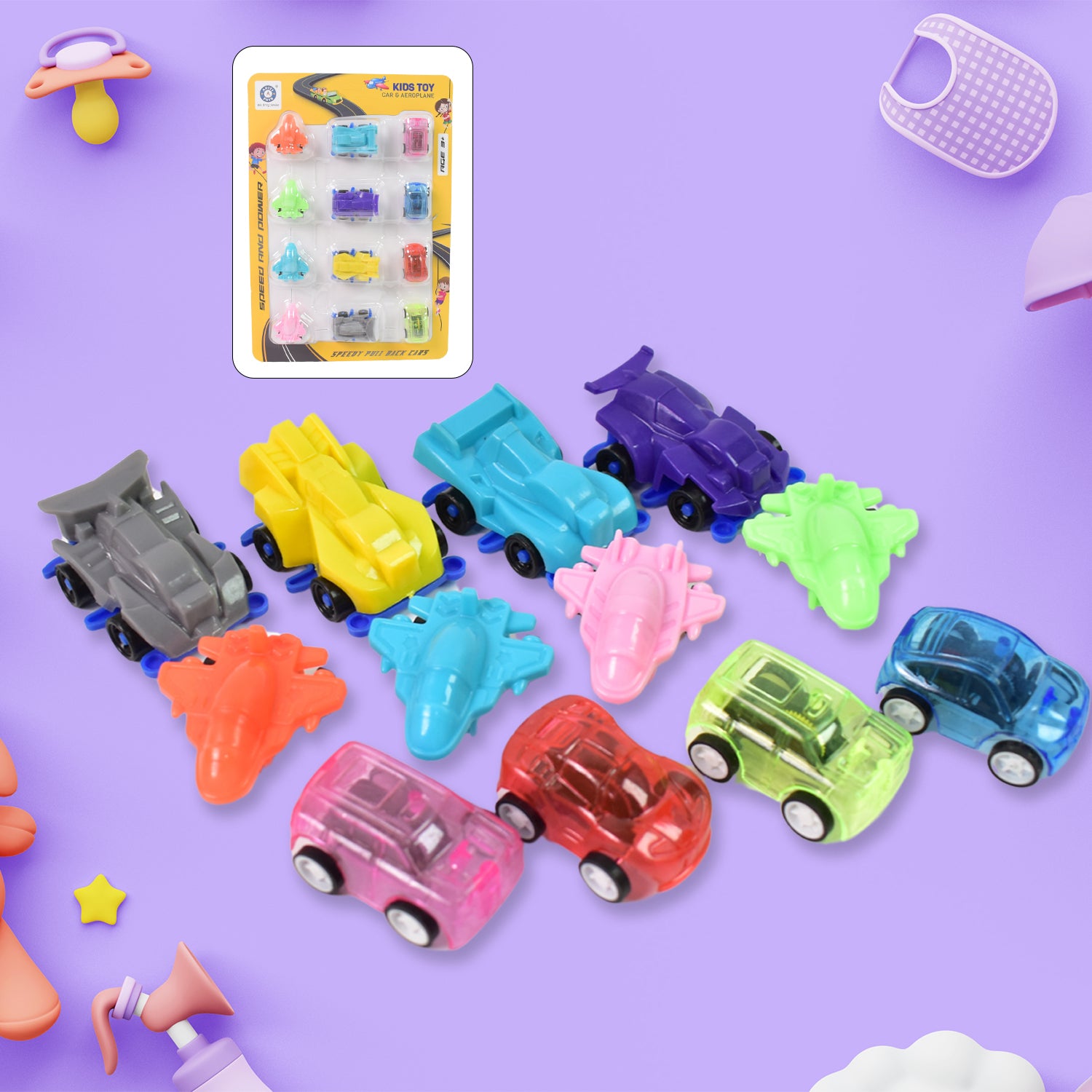 Mini Pull Back Car  Aeroplane Plastic Pull Back Car Cartoon Toys (12 Pcs Set) - LootFaat